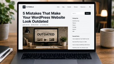WordPress website showing outdated design elements on a laptop
