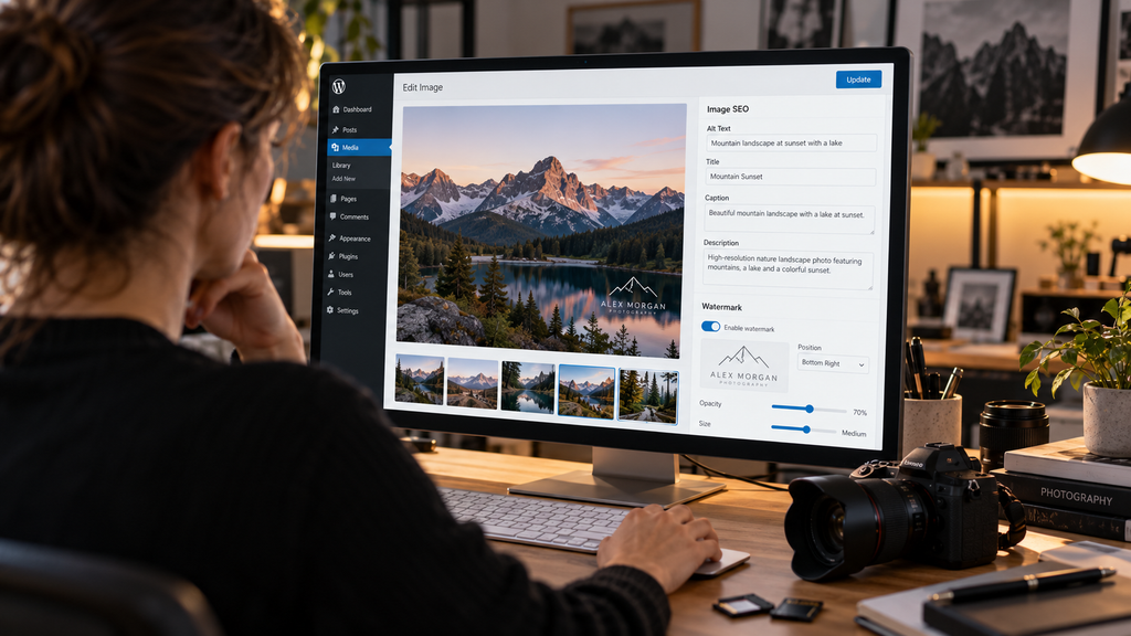 Photographer adding alt text and a watermark to images in WordPress