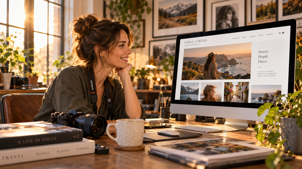 Photographer smiling while reviewing her new portfolio website